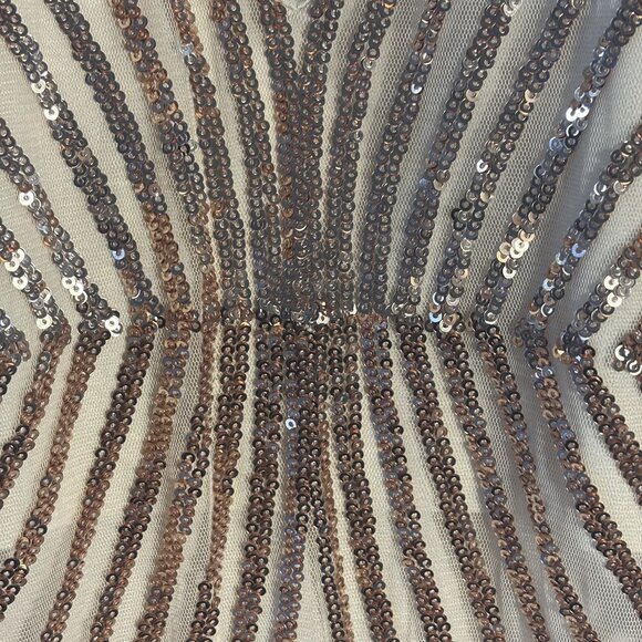 Sequined Beige and Bronze Evening Dress With Intricate Geometric Patterns - Picture 5 of 15